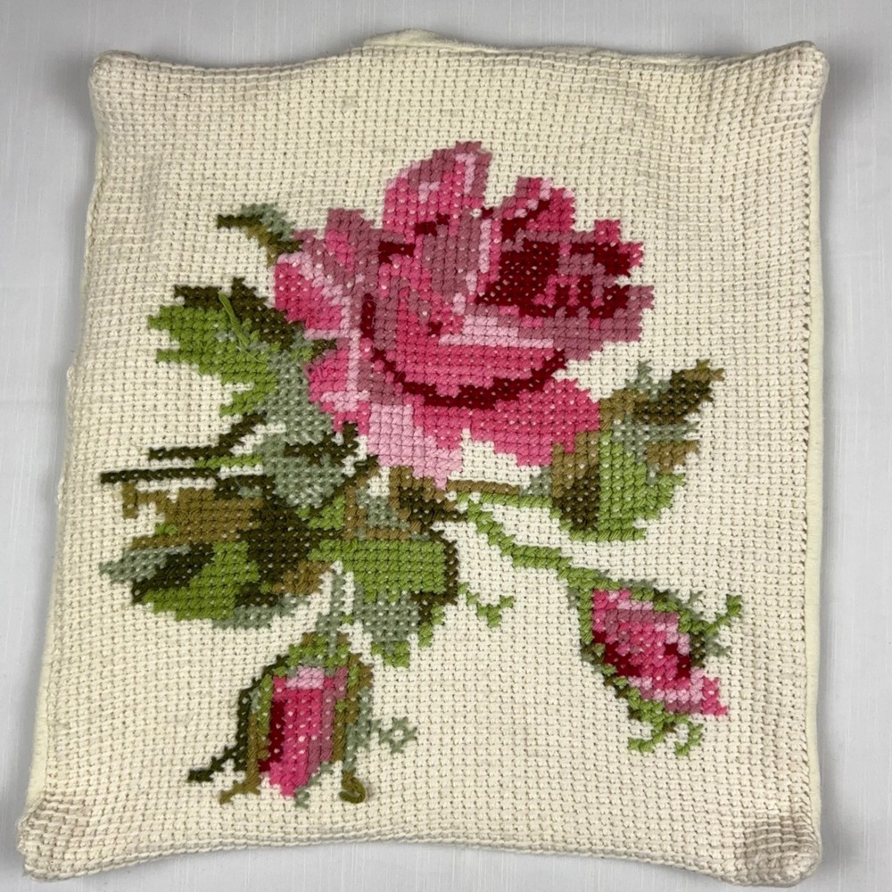 Vintage Handmade Needlepoint Pink Rose Floral Pillow Cover 17x18 Cream Woven
